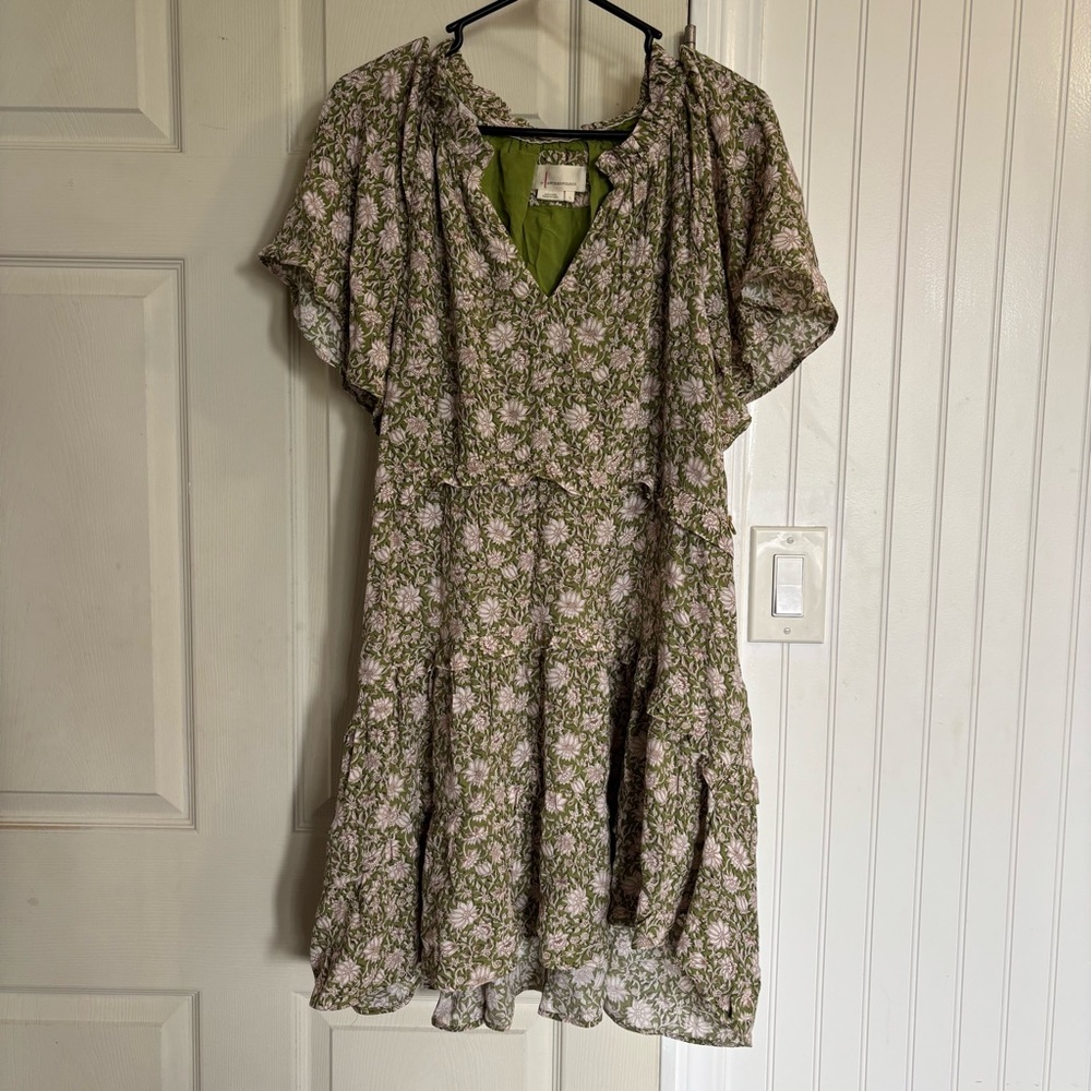 Anthropologie Liberty Robin Ruffle Moss Olive and White Floral Dress - Picture 2 of 9